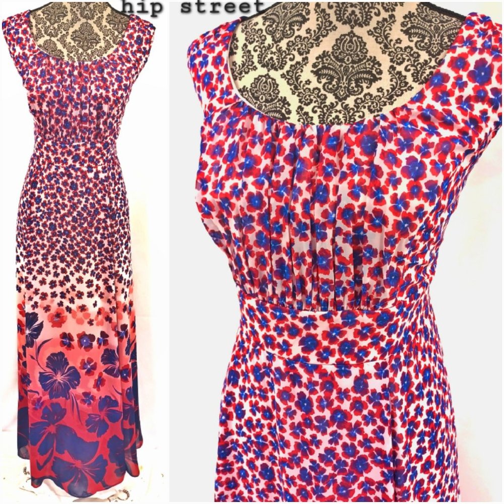 DB Sleeveless Gathered Scoop Neck Floral Chiffon Maxi Dress 14
